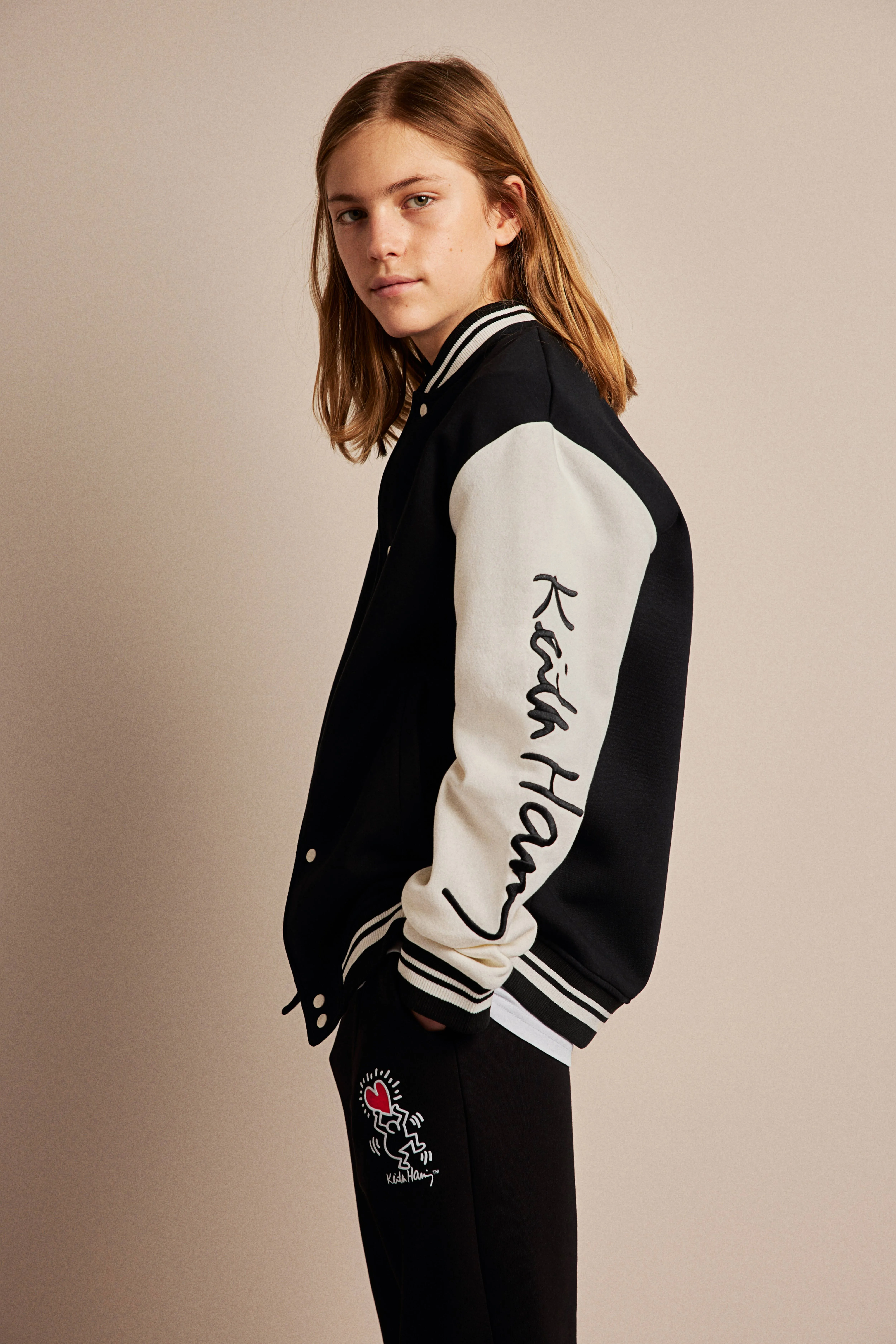 Motif-detail baseball jacket - Long sleeve - Regular length - Black/Keith Haring - Kids | H&M GB