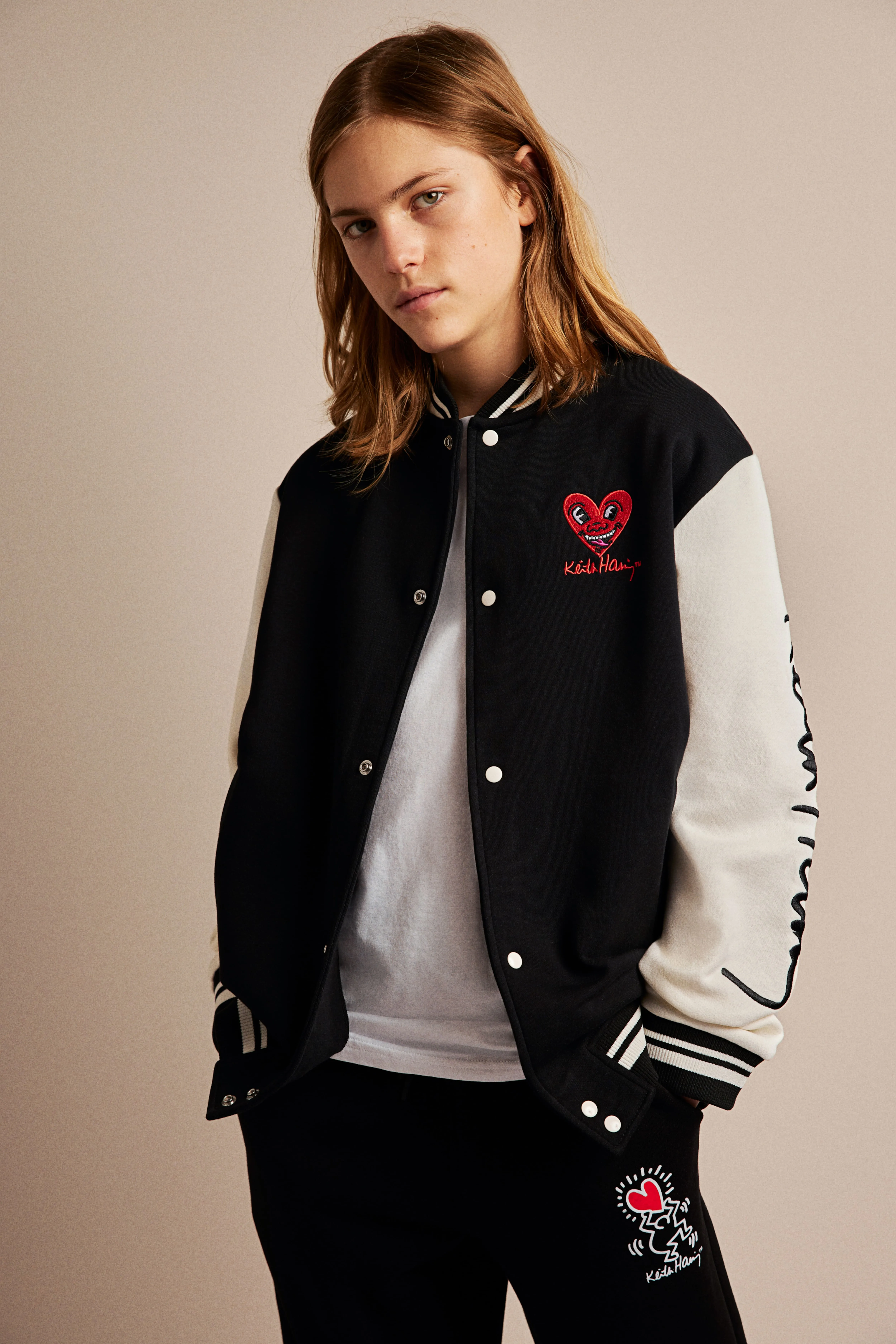 Motif-detail baseball jacket - Long sleeve - Regular length - Black/Keith Haring - Kids | H&M GB