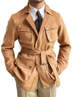 Multi-Pocket Lapel Lace-Up Suede Casual Jacket