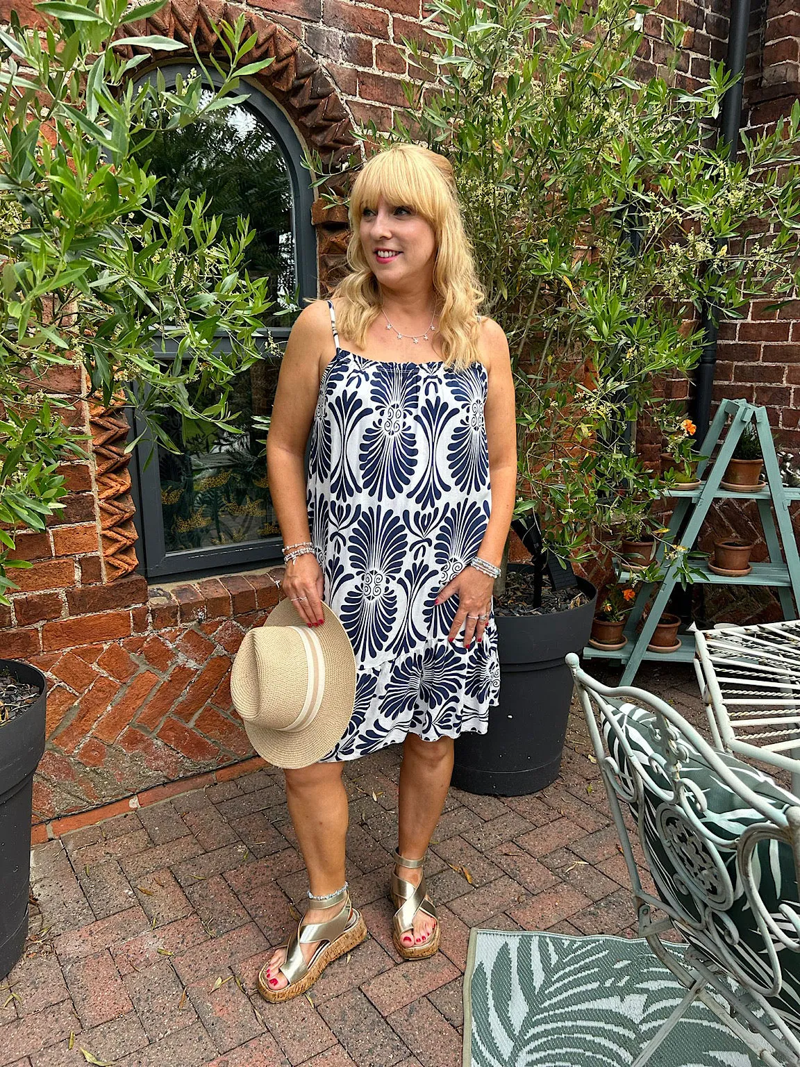 Navy Patterned Strappy Summer Dress Thea