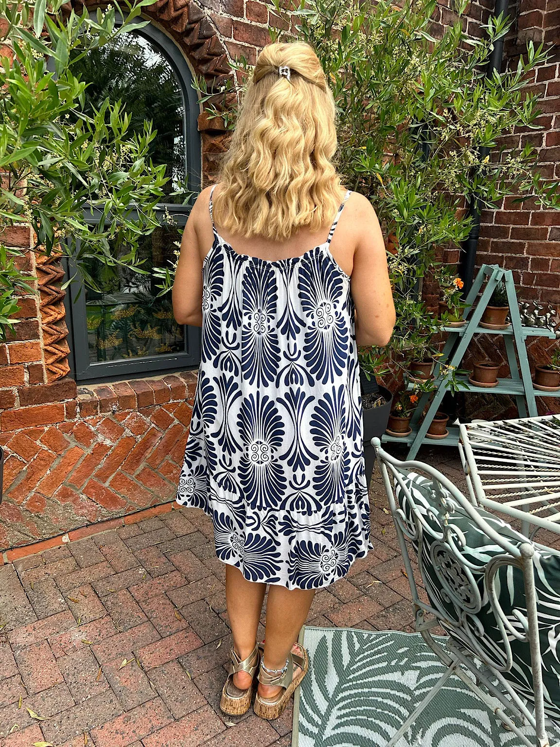 Navy Patterned Strappy Summer Dress Thea