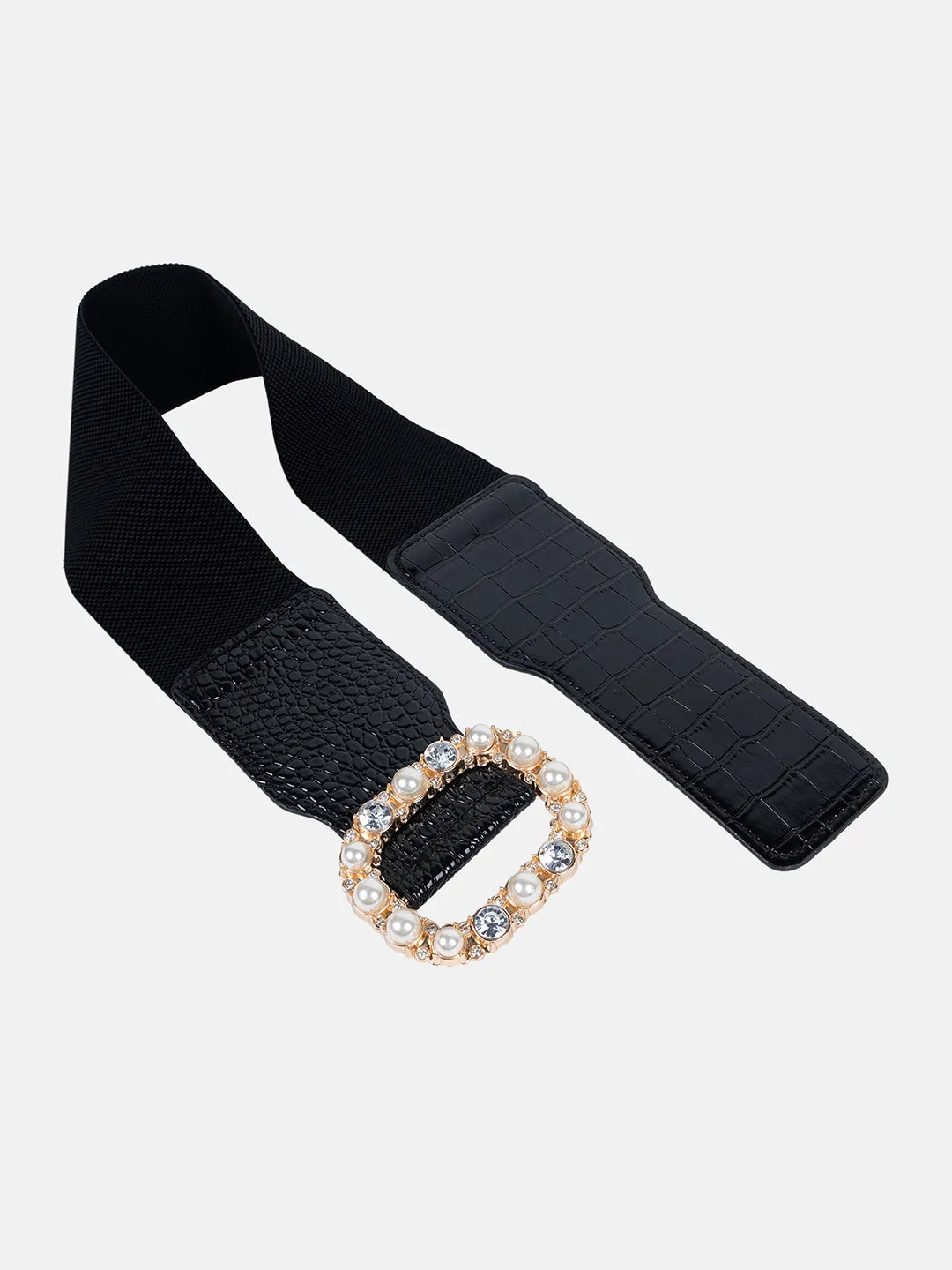 Pearl Embellished Croco Broad Belt