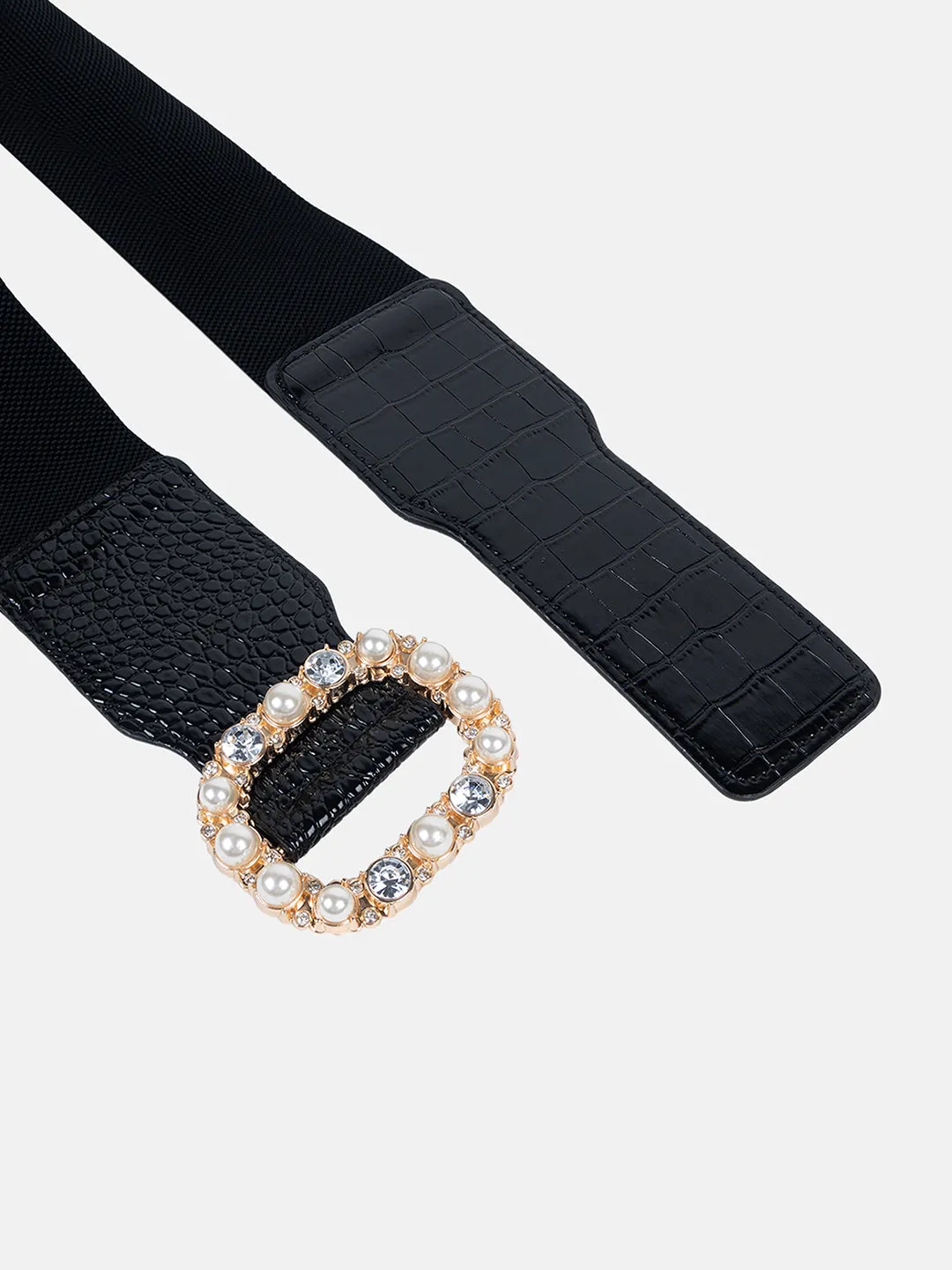 Pearl Embellished Croco Broad Belt