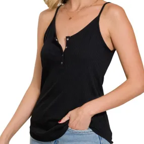 Ribbed Button Front Tank Black