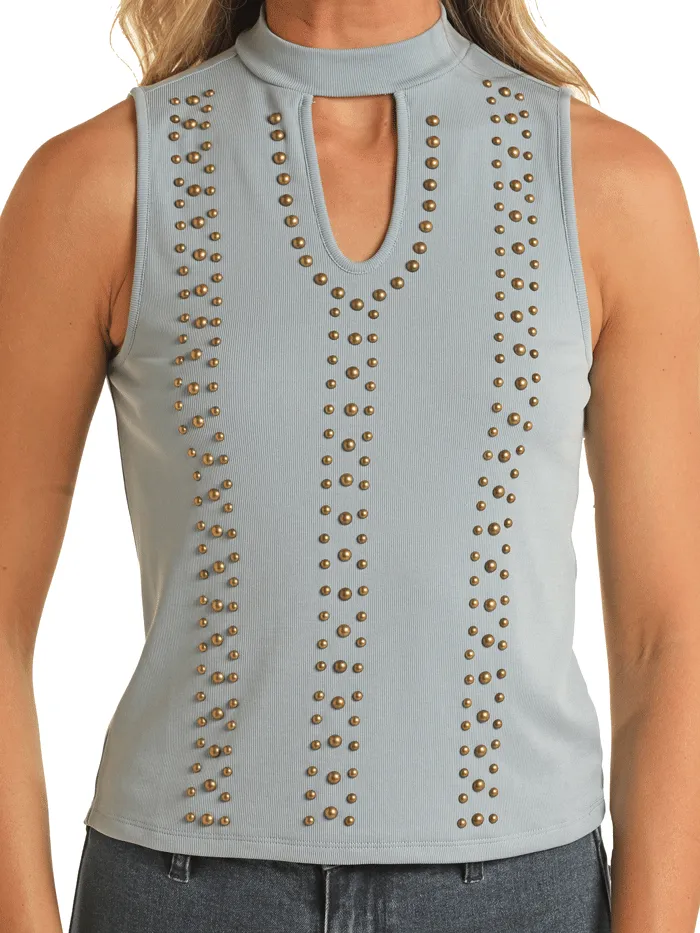 Rock & Roll Denim BW20T03259-46 Womens Ribbed Tank With Studs Powder Blue