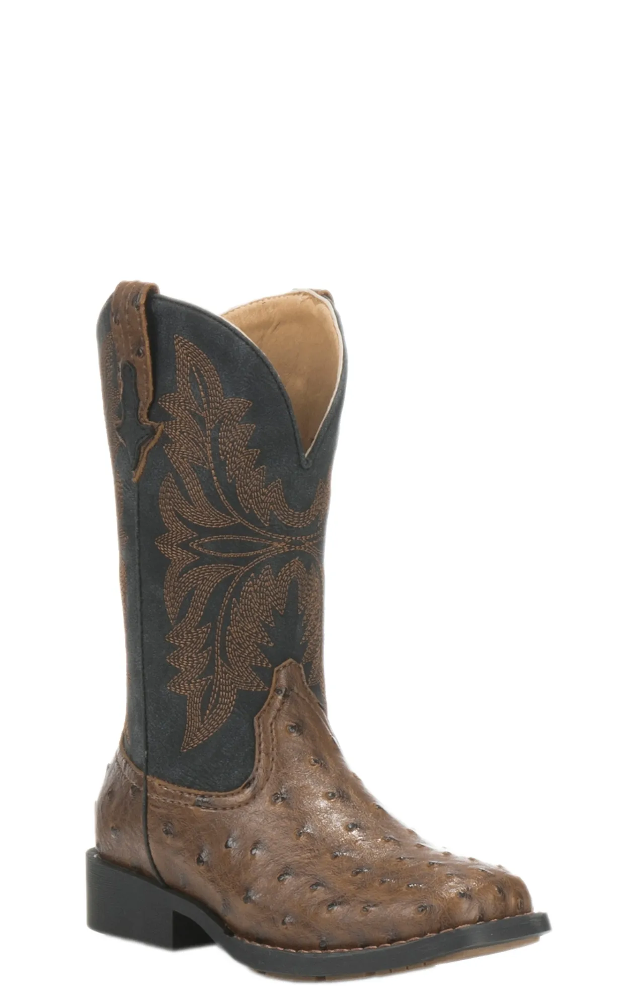 Roper Youth Black with Brown Ostrich Print Square Toe Cowboy Boots