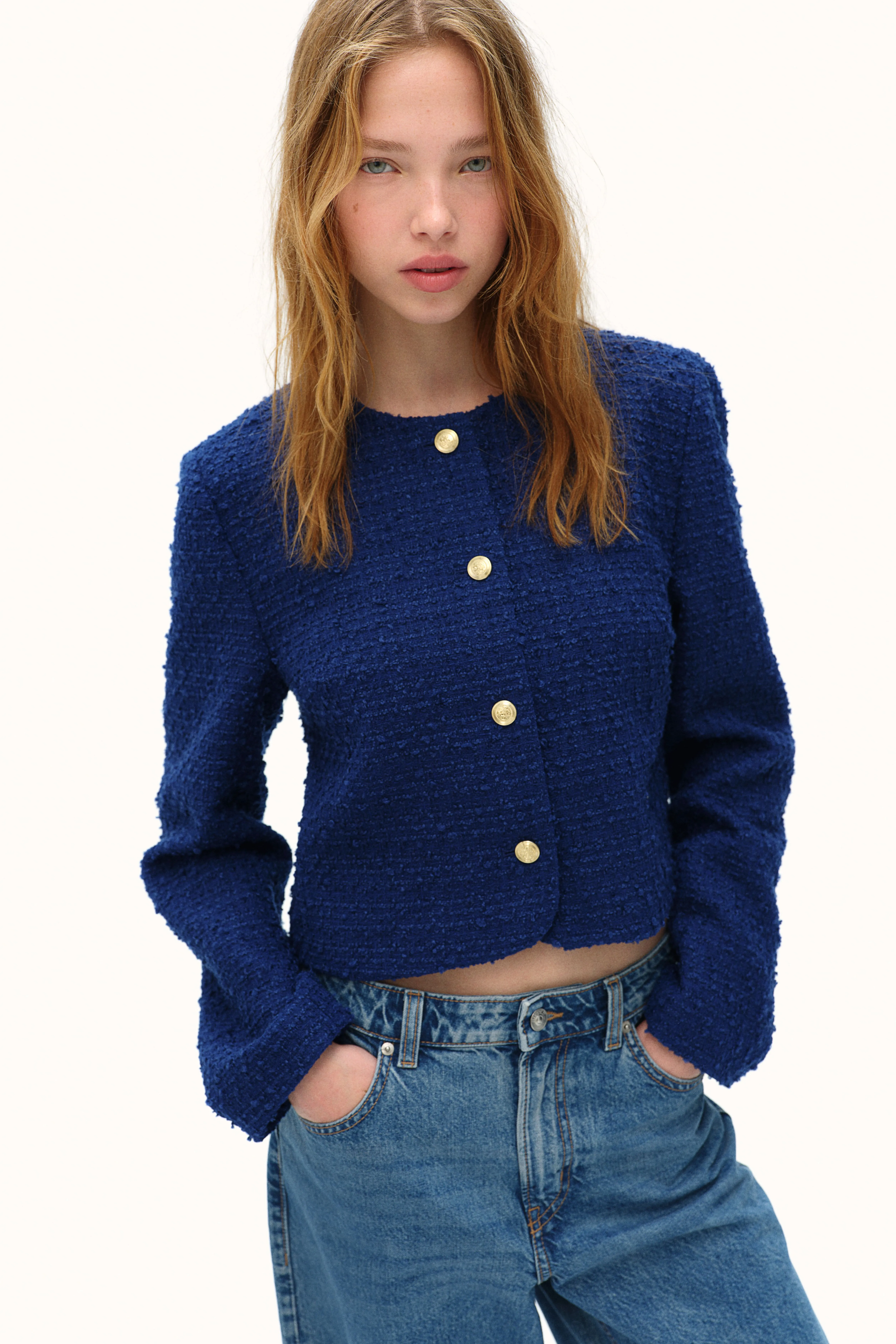 Short bouclé jacket - Round neck - Long sleeve - Bright blue - Ladies | H&M GB