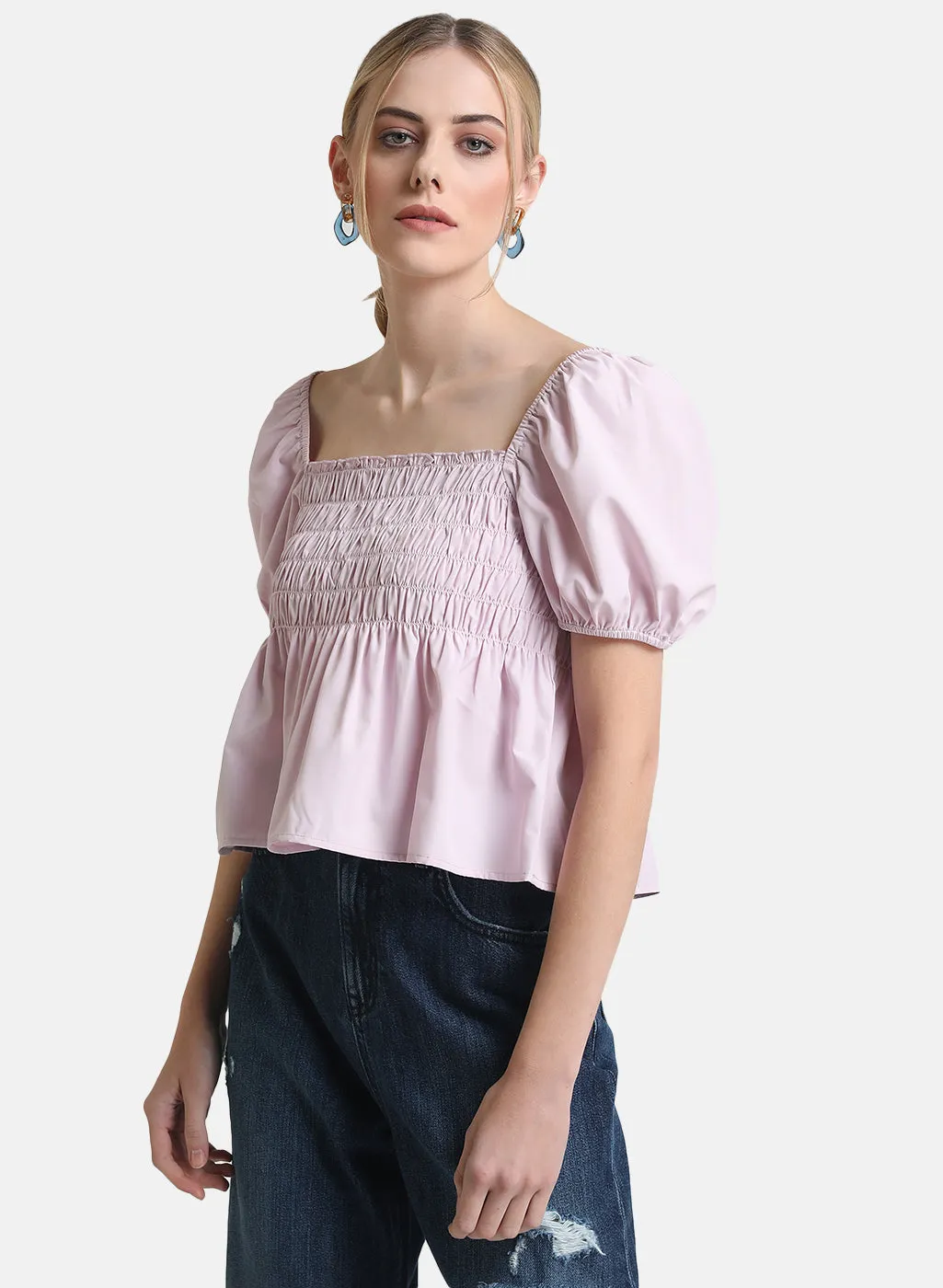 Square Neck Crop Top With Puff Sleeves & Smocking Detail