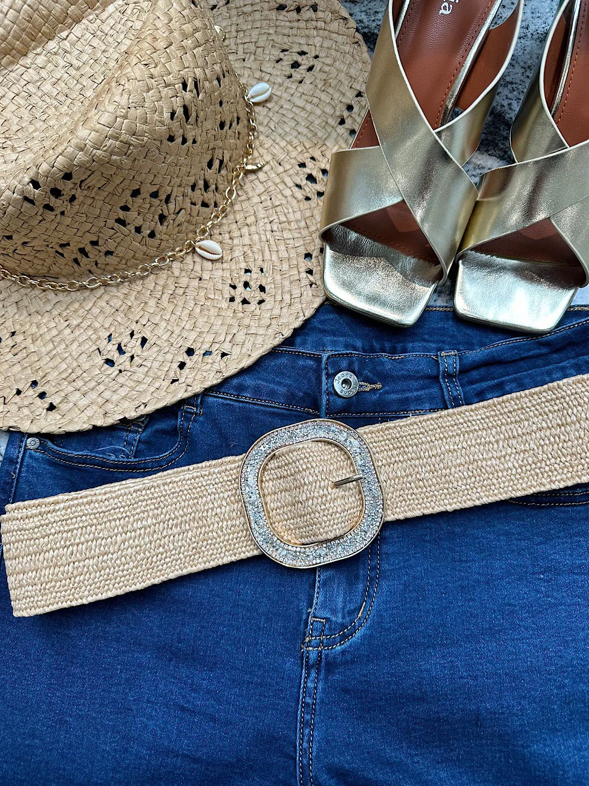 Tan Sparkle Buckle Weave Belt