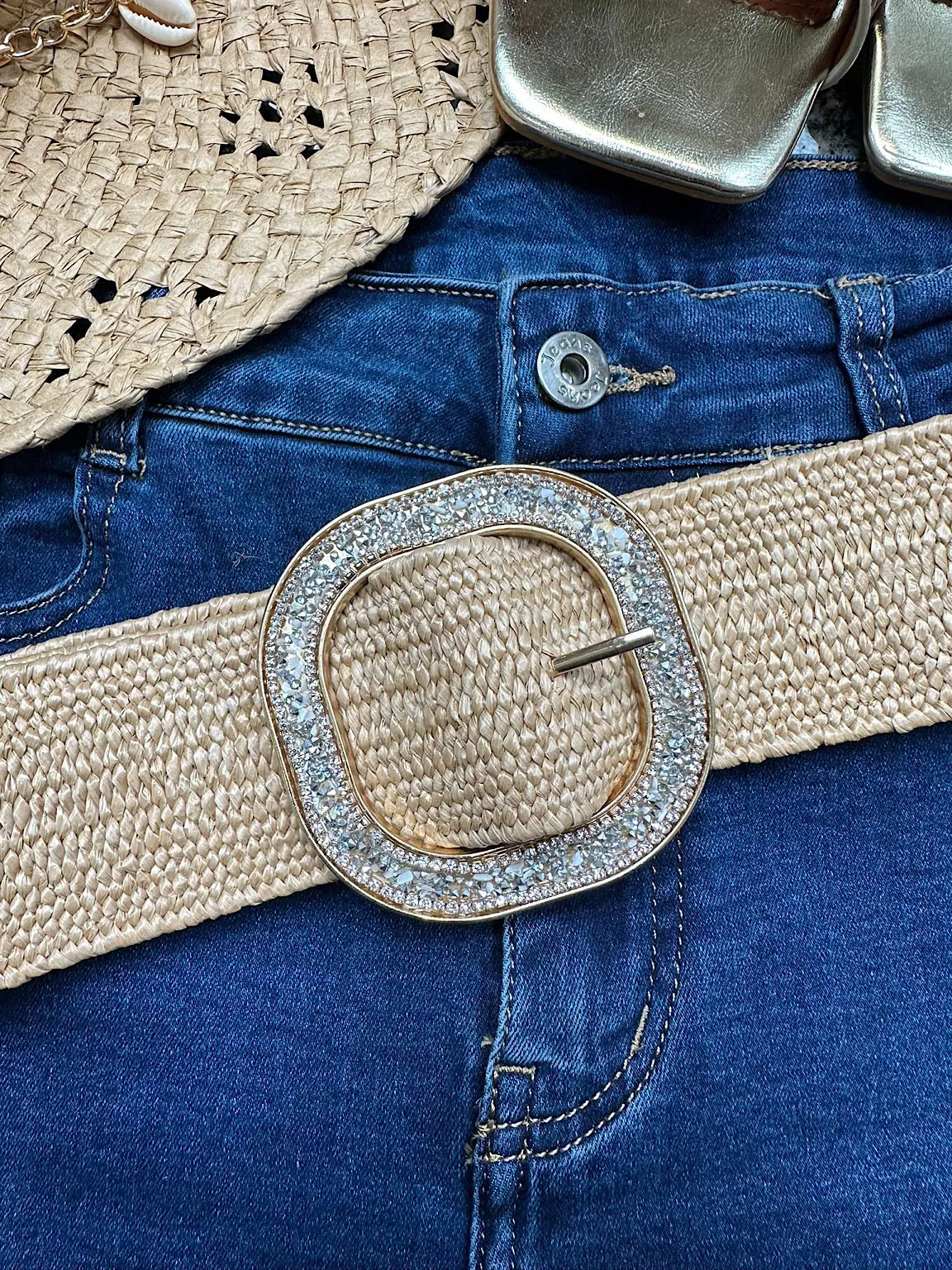 Tan Sparkle Buckle Weave Belt