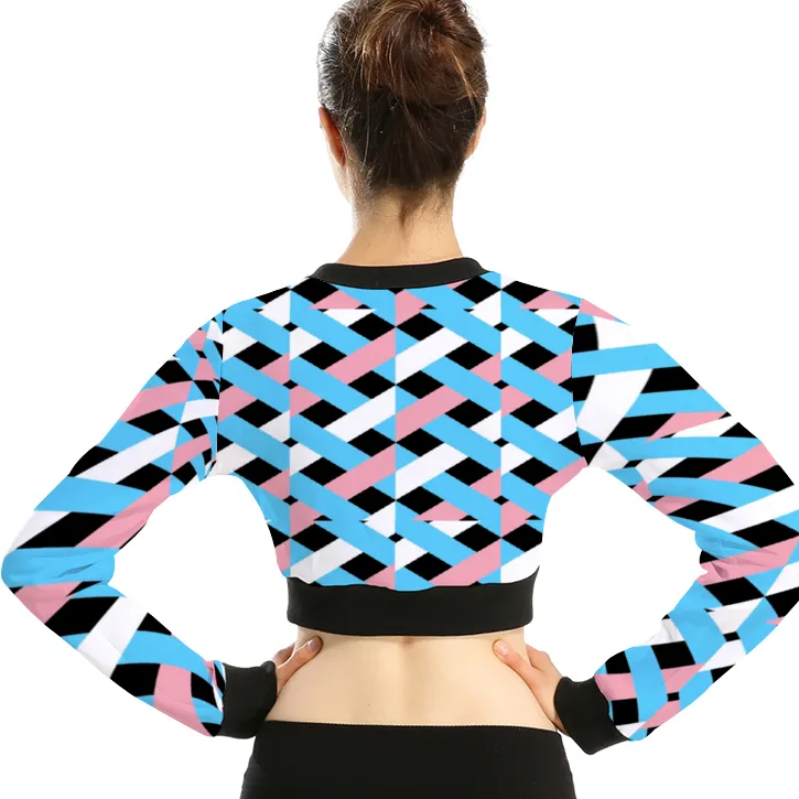 Teen Blue Pink White Pride Lattice All Over Black Zip-Up Cropped Jacket