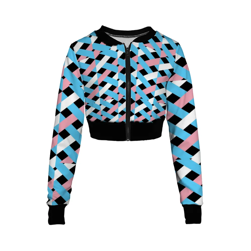 Teen Blue Pink White Pride Lattice All Over Black Zip-Up Cropped Jacket