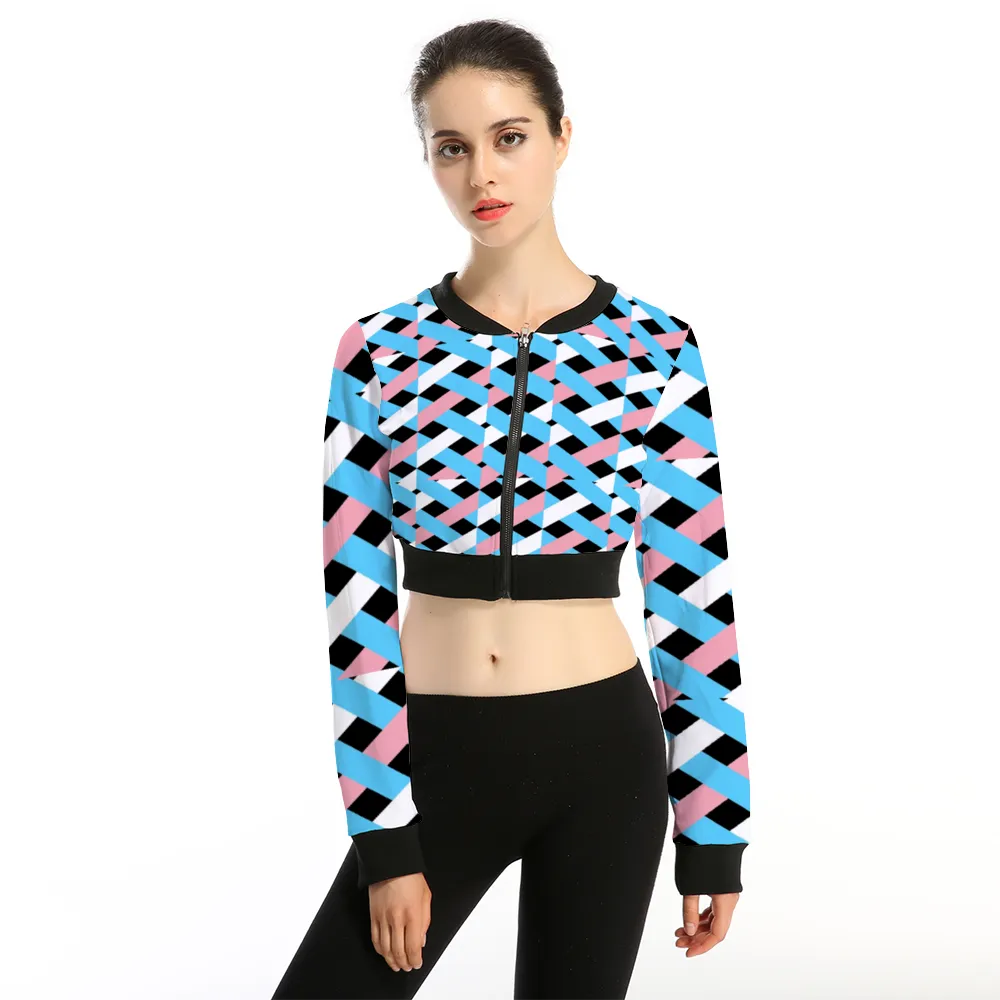 Teen Blue Pink White Pride Lattice All Over Black Zip-Up Cropped Jacket