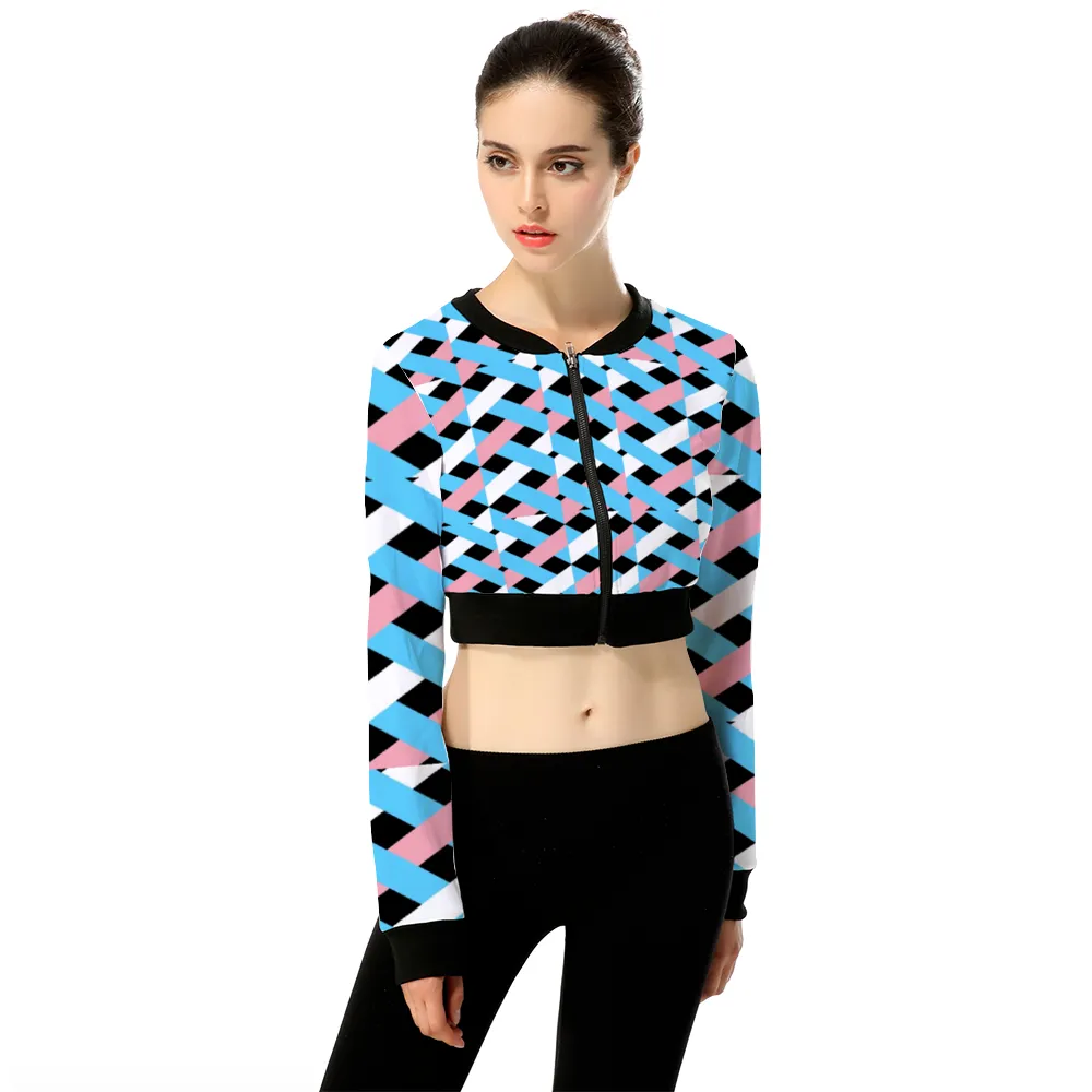 Teen Blue Pink White Pride Lattice All Over Black Zip-Up Cropped Jacket