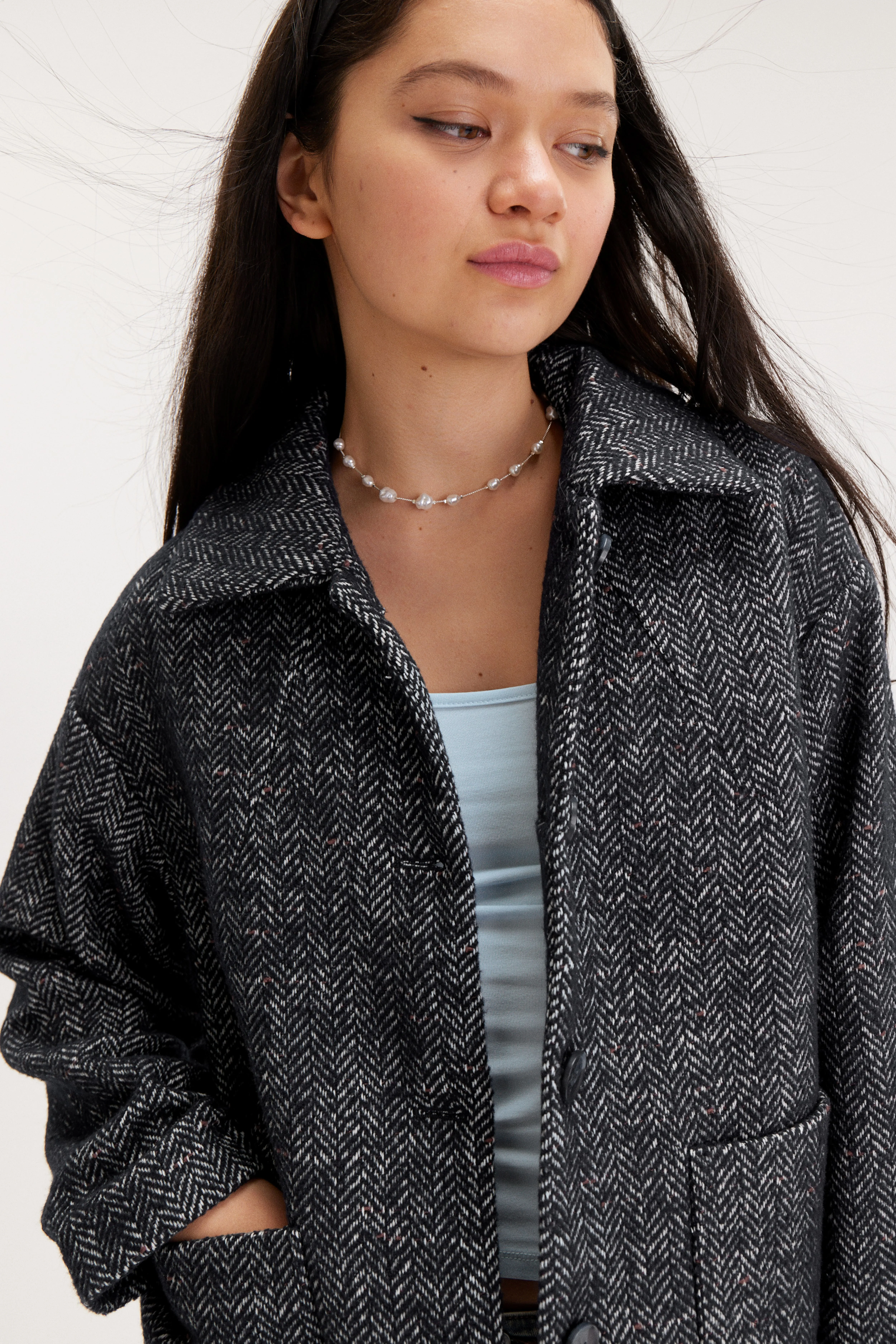 Textured jacket - Long sleeve - Regular length - Dark blue herringbone - Ladies | H&M GB