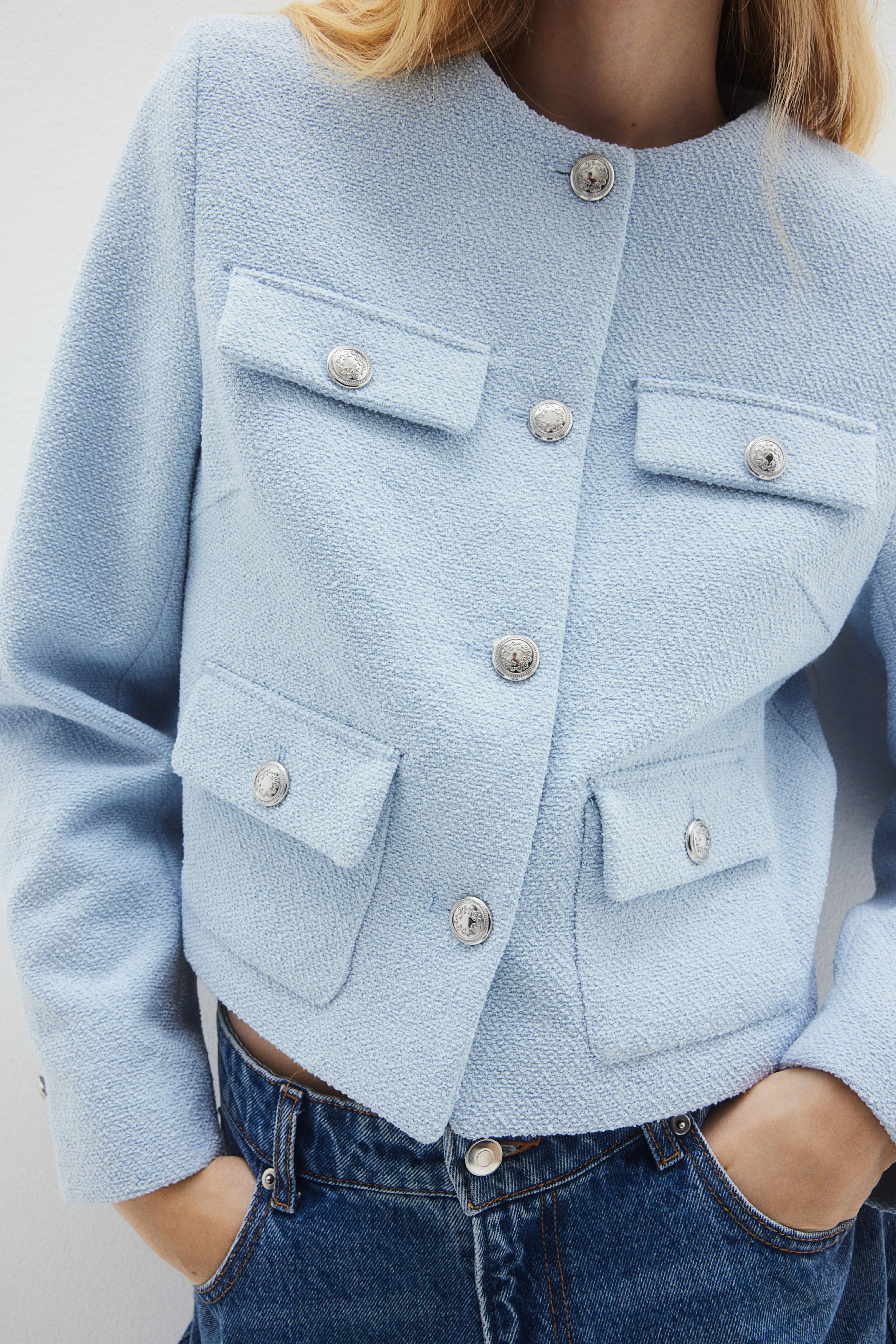 Textured-weave jacket - Round neck - Long sleeve - Light blue - Ladies | H&M GB