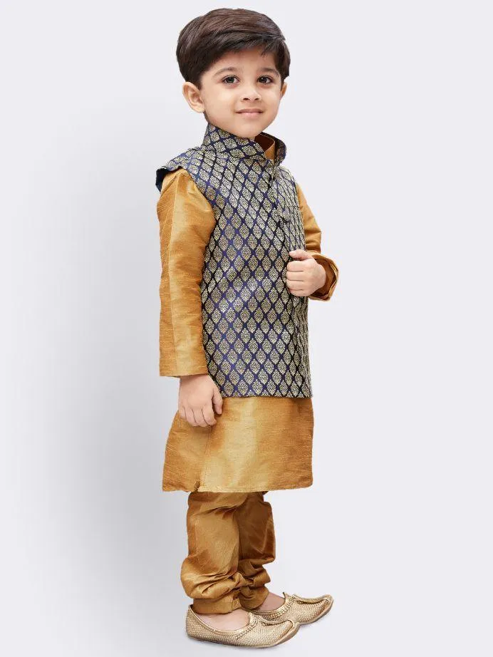 Vastramay Boys' Gold Silk Cotton Blend Kurta, Waistcoat and Pyjama Set