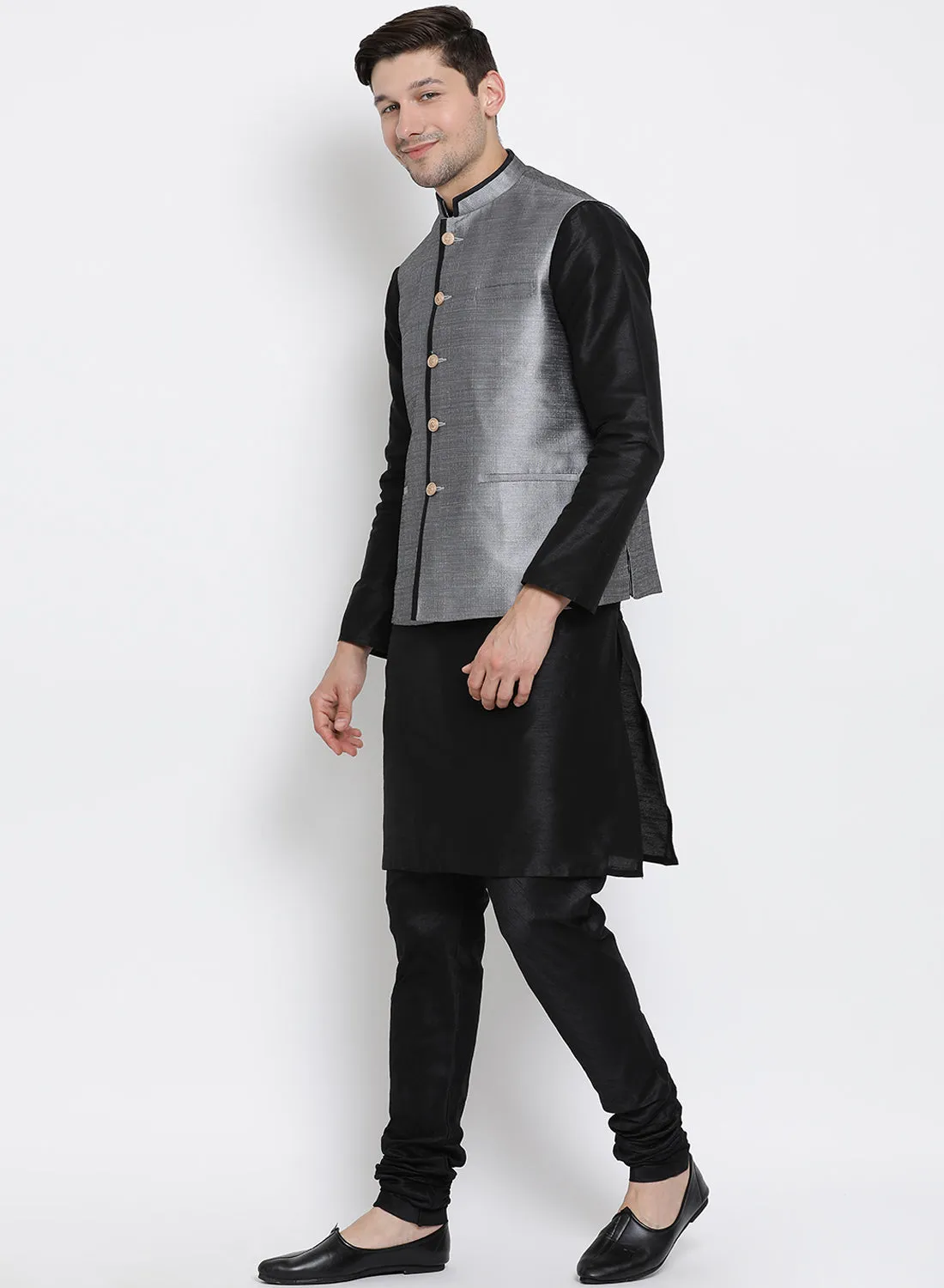 VASTRAMAY Men's Black Cotton Silk Blend Kurta, Ethnic Jacket and Pyjama Set