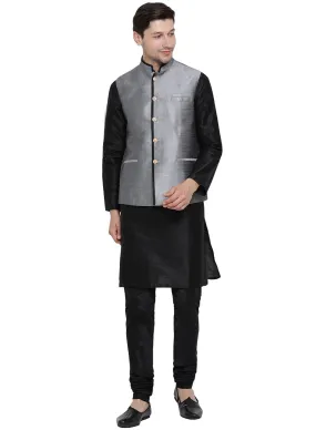 VASTRAMAY Men's Black Cotton Silk Blend Kurta, Ethnic Jacket and Pyjama Set