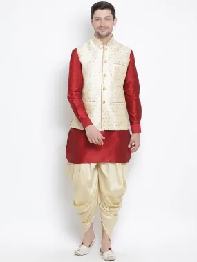 VASTRAMAY Men's Gold Zari Weaved Jacket With Kurta Dhoti Set