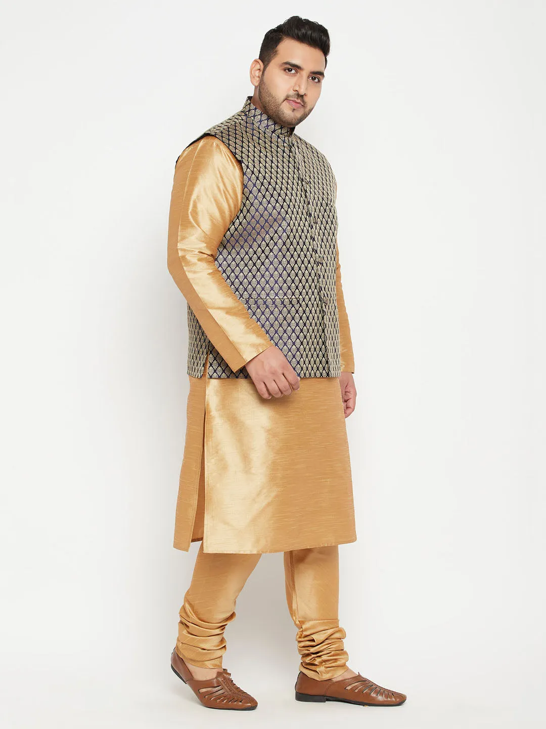 VASTRAMAY Men's Plus Size Rose Gold and Blue woven Silk Blend Jacket Kurta Pyjama Set