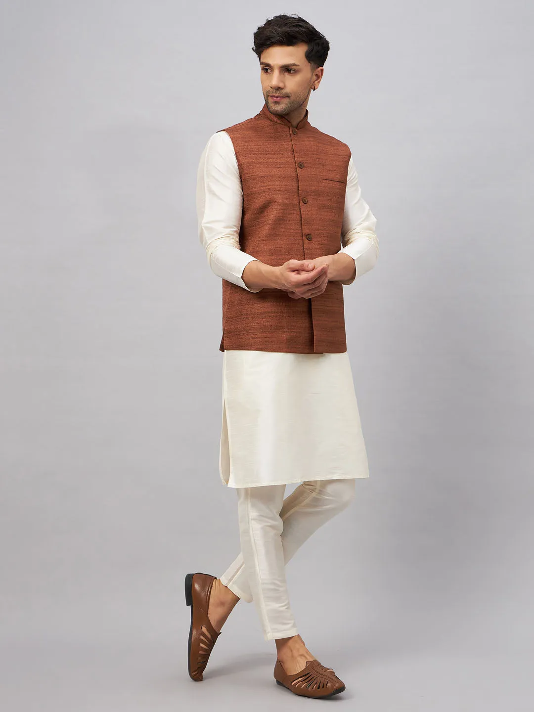 VM BY Vastramay Men's Coffee Jacket With Cream Kurta And Pant Set