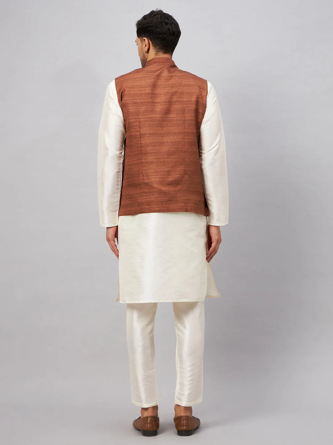 VM BY Vastramay Men's Coffee Jacket With Cream Kurta And Pant Set