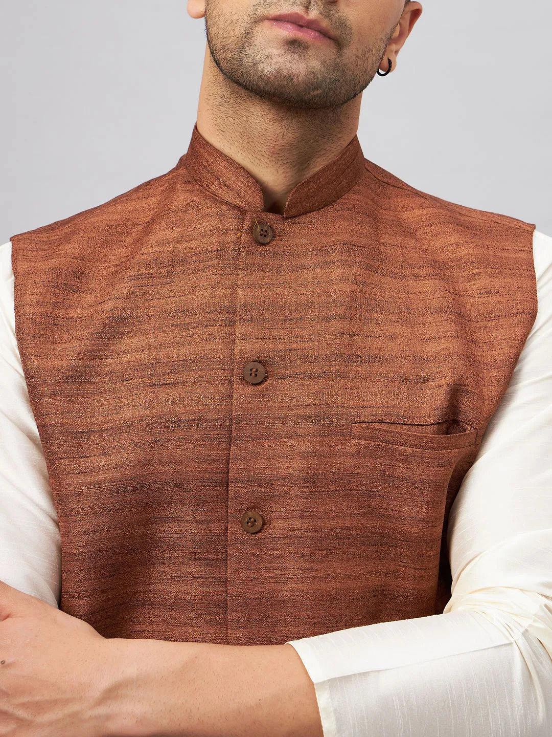 VM BY Vastramay Men's Coffee Jacket With Cream Kurta And Pant Set