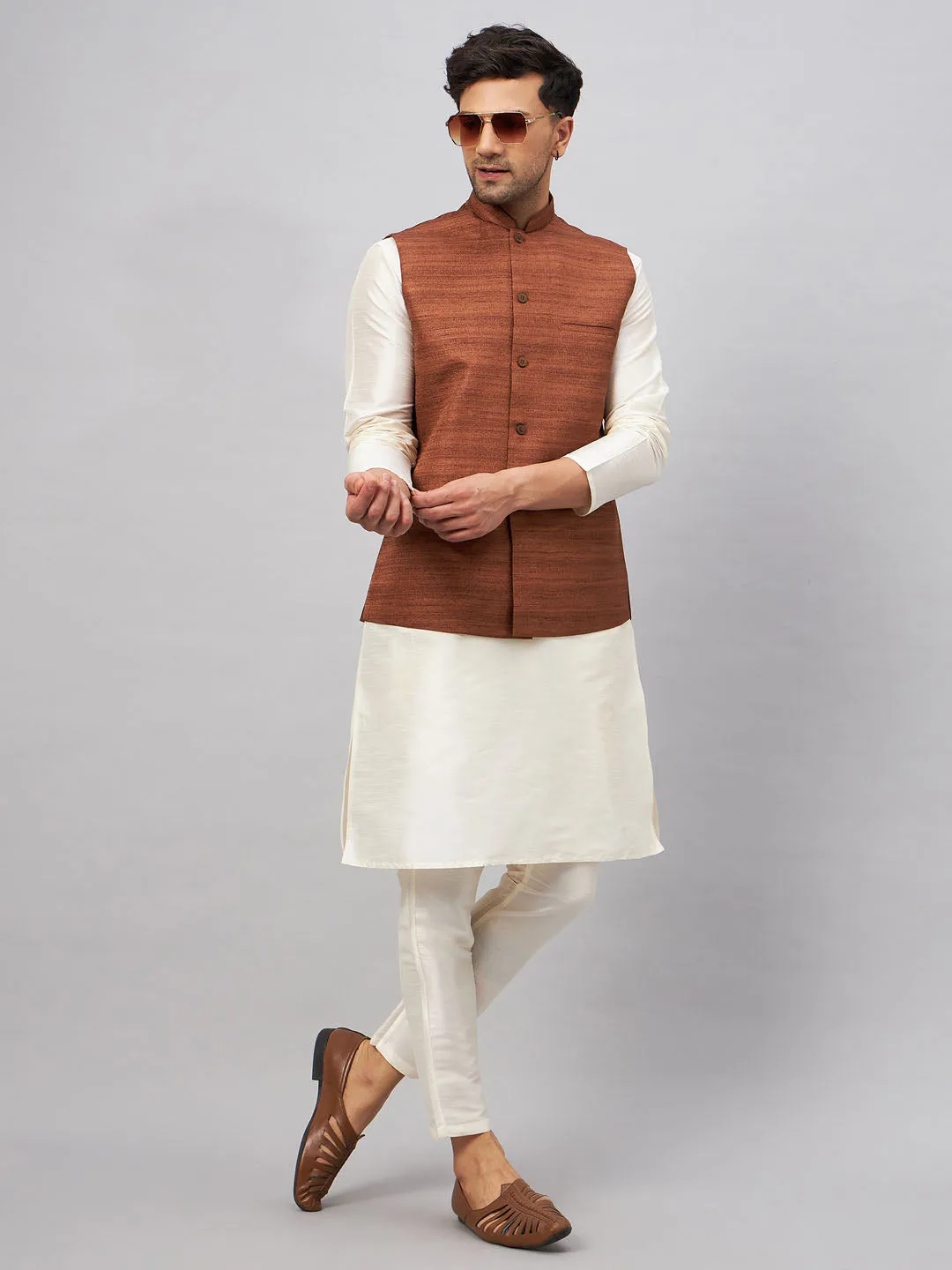 VM BY Vastramay Men's Coffee Jacket With Cream Kurta And Pant Set