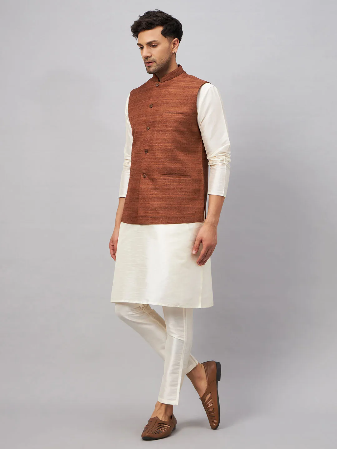 VM BY Vastramay Men's Coffee Jacket With Cream Kurta And Pant Set