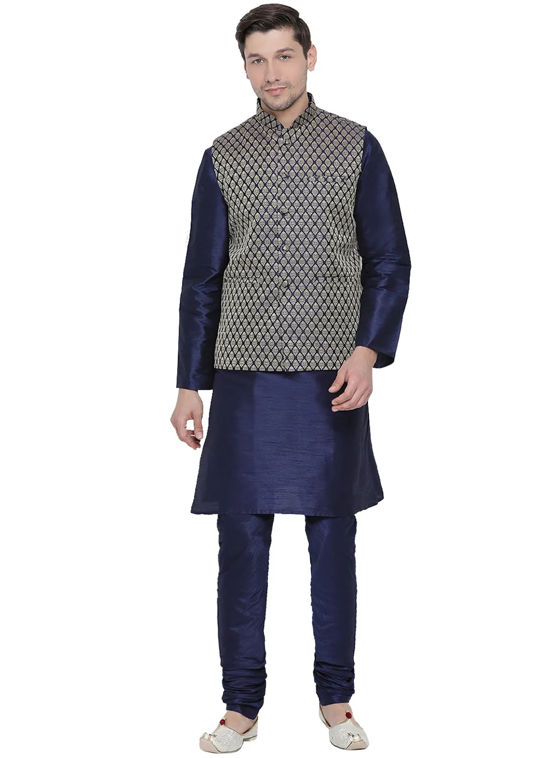 VM BY VASTRAMAY Men's Dark Blue Cotton Silk Blend Kurta, Ethnic Jacket Style Pyjama Set