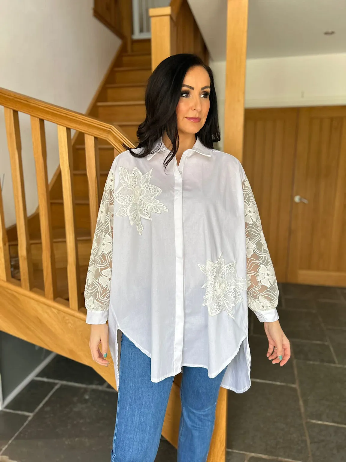 White Crochet Floral Pattern Shirt Terri