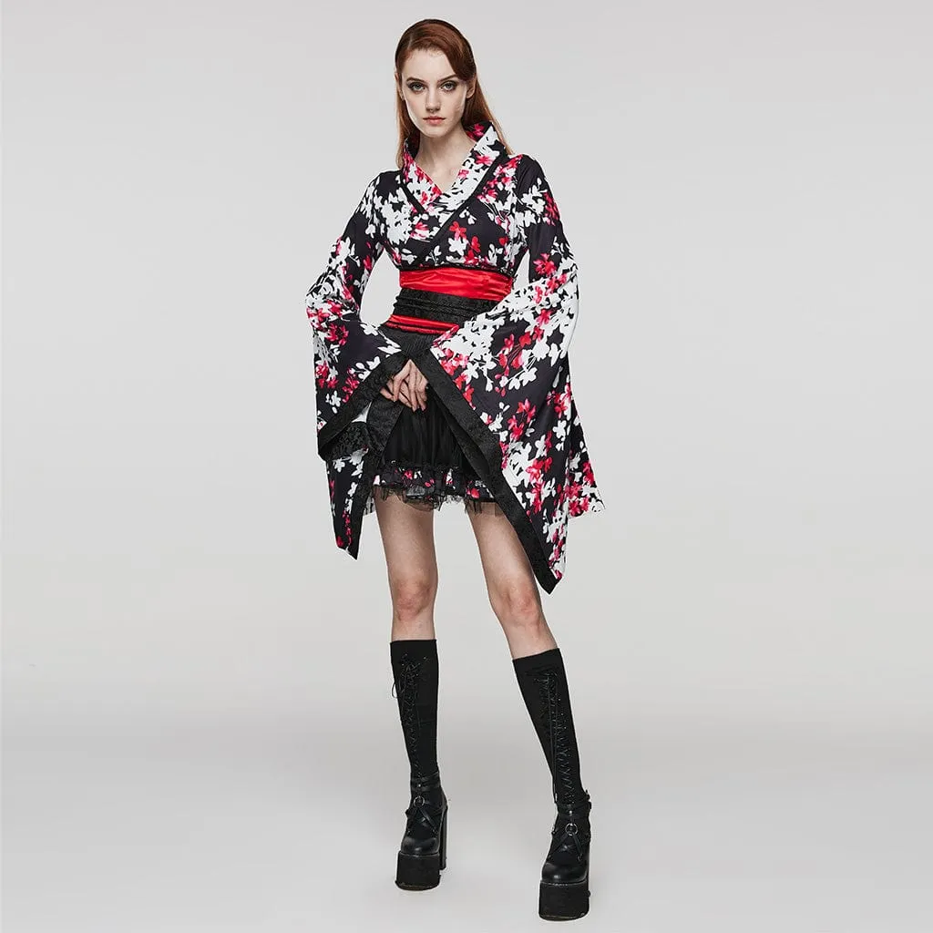 Women's Lolita Floral Printed Kimono with Skirt