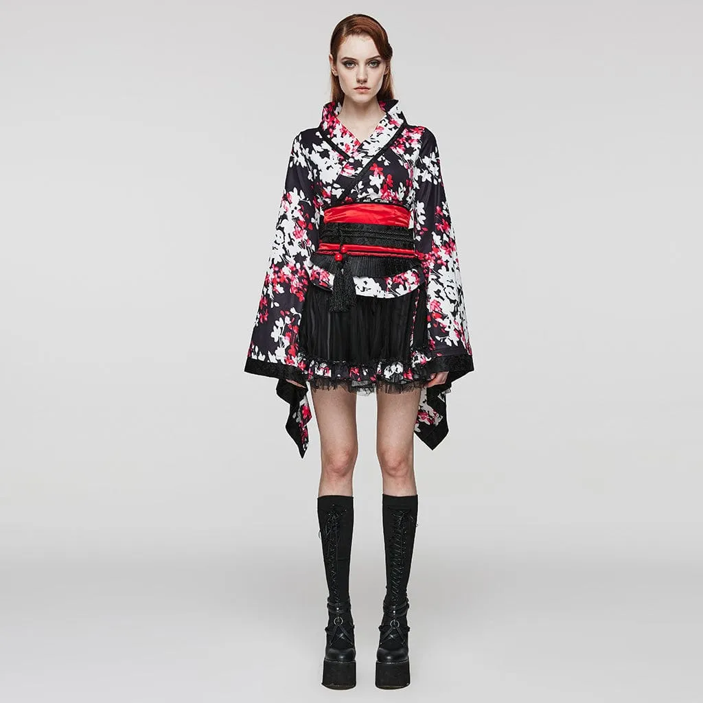 Women's Lolita Floral Printed Kimono with Skirt