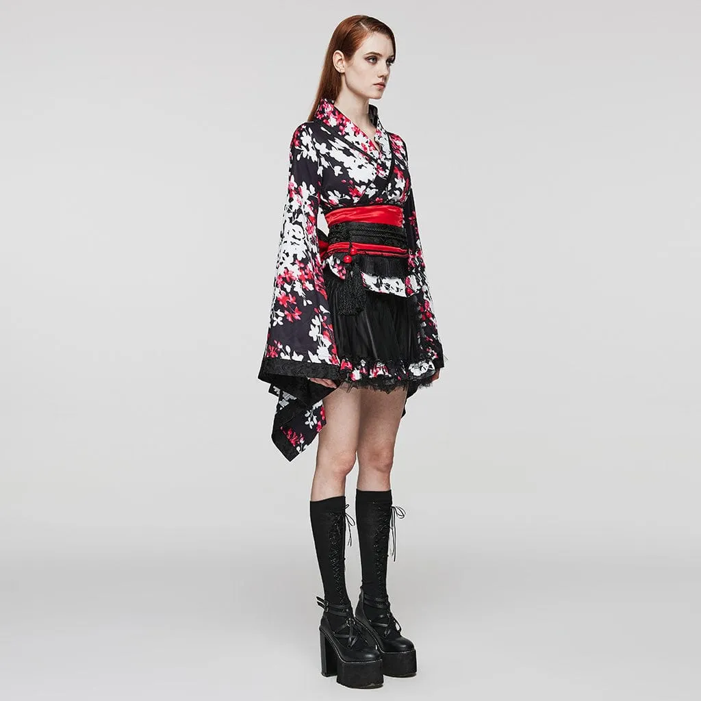 Women's Lolita Floral Printed Kimono with Skirt