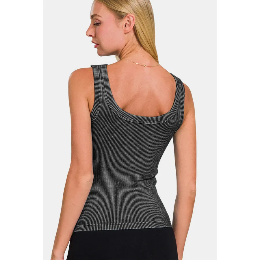 Zenana 2 Way Neckline Washed Ribbed Cropped Tank