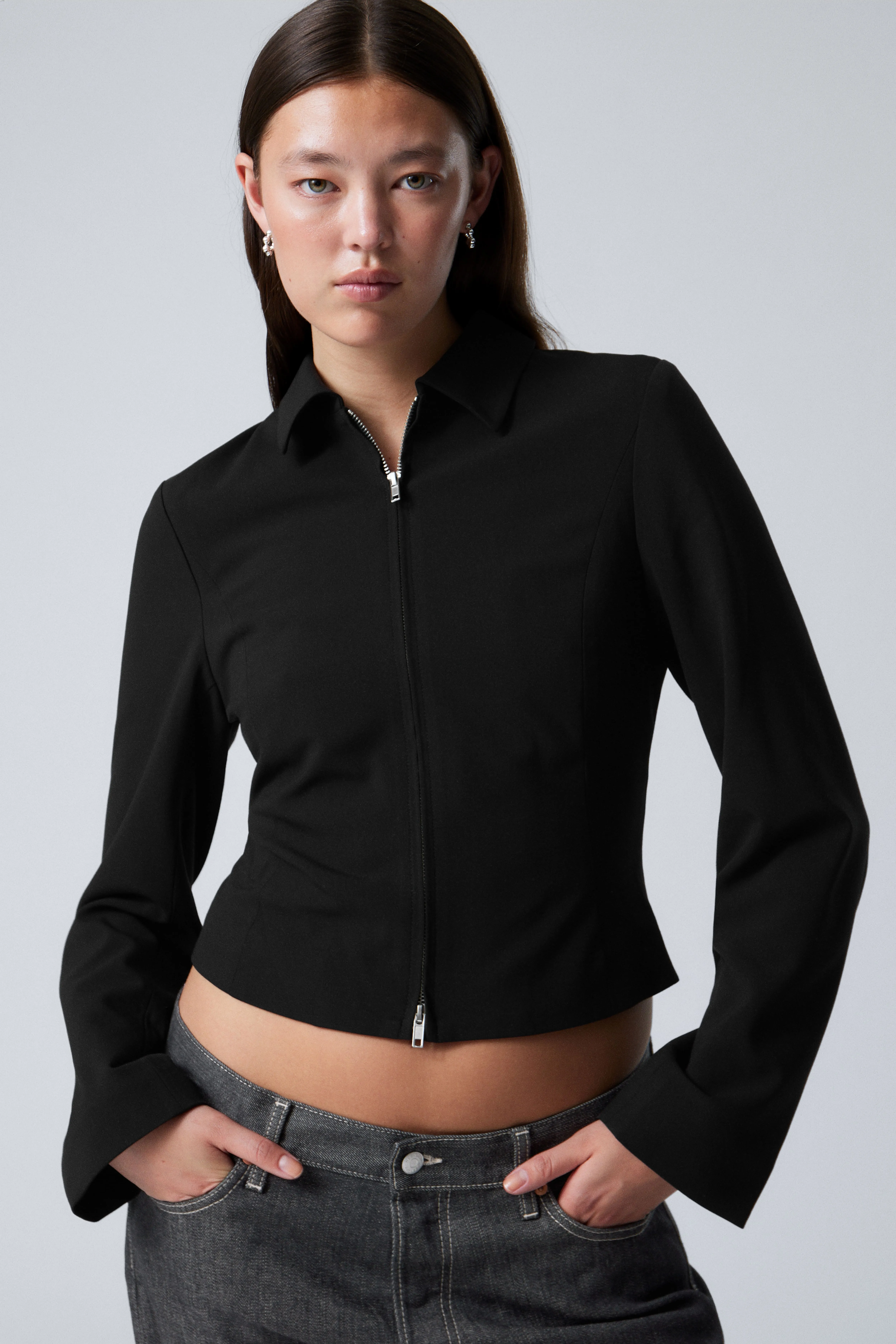 Zip Suiting Jacket - Round neck - Long sleeve - Black - Ladies | H&M GB